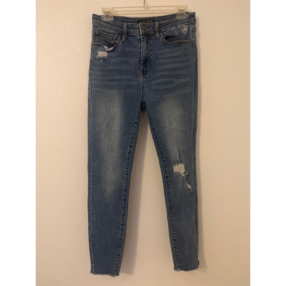 Judy Blue Distressed Skinny Jeans Dandelion Embroidery Frayed Hem 11/30